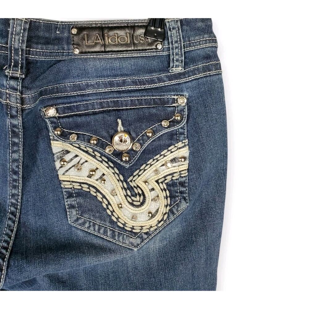 LA Idol USA Embellished Jeans Sz 13 (33x33) Blue Stretch Bootcut Mid Rise Denim